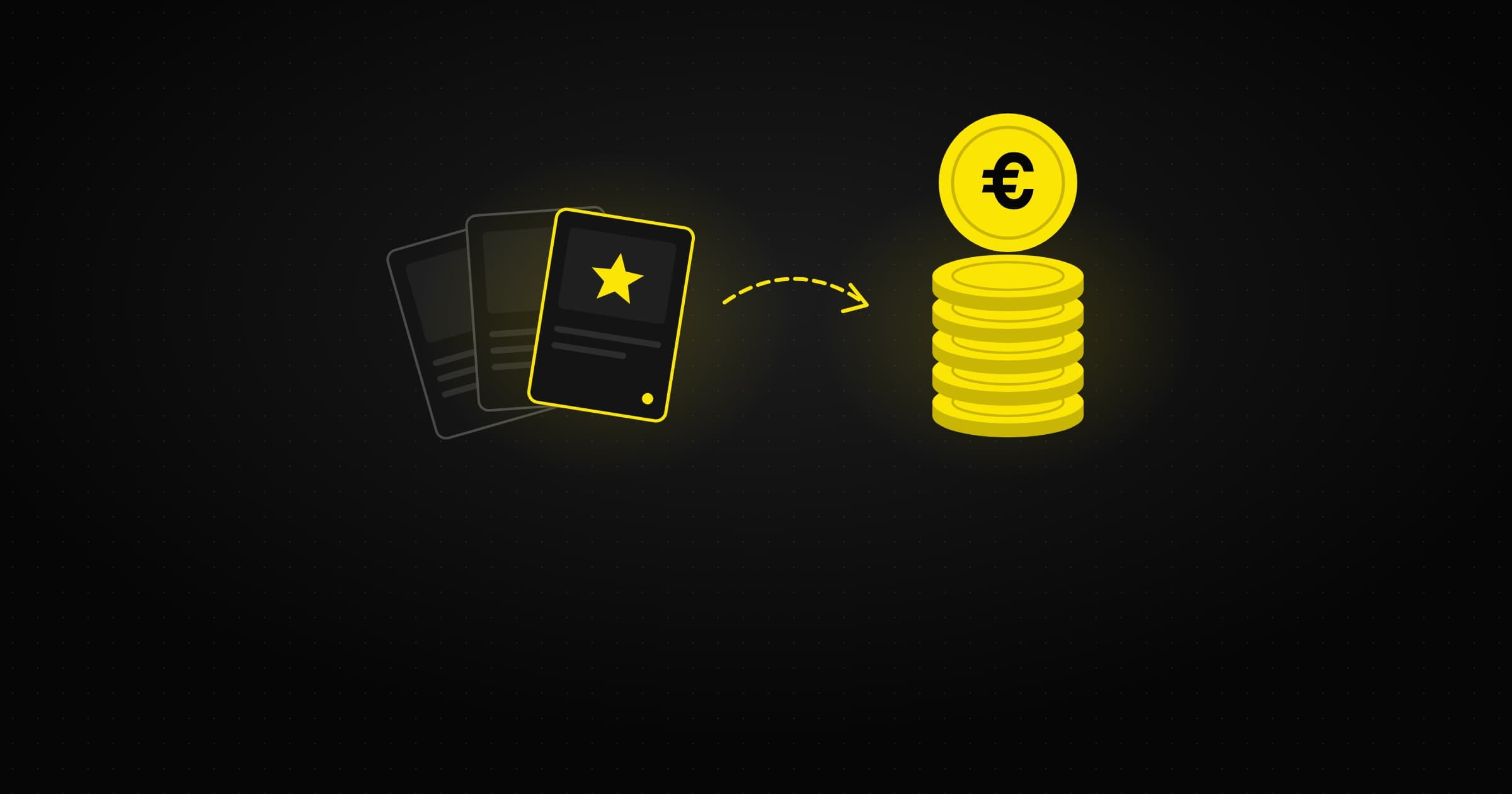 Illustration schématique : un éventail de cartes à collectionner, dont une carte rare marquée d'une étoile, et une flèche vers une pile de pièces en euros